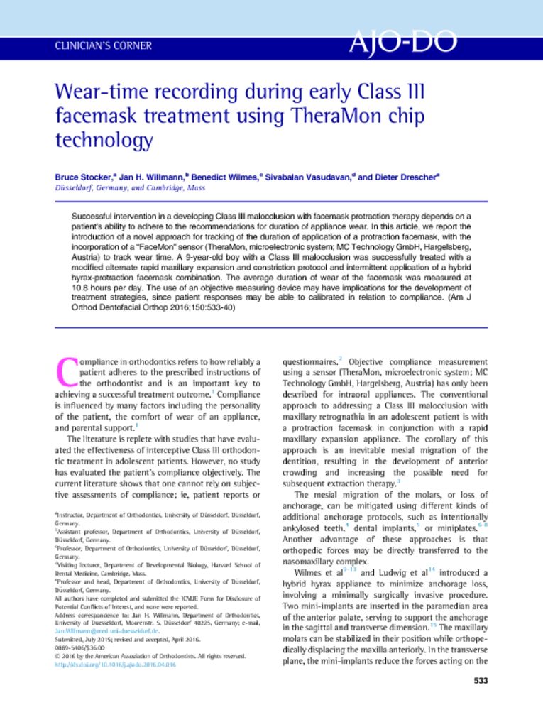 thumbnail of Wear-time Recording During Early Class III Face Mask Treatment using TheraMon Chip Technology