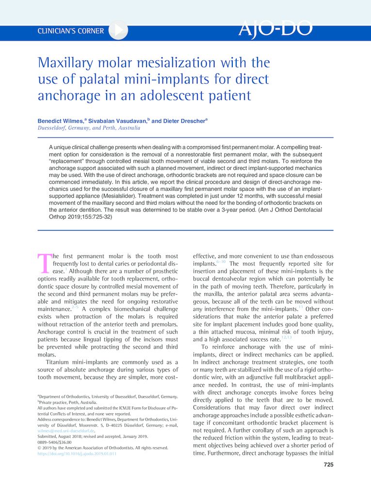 thumbnail of Maxillary molar mesialisation with the use of palatal mini-implants for direct anchorage in an adolescent patient